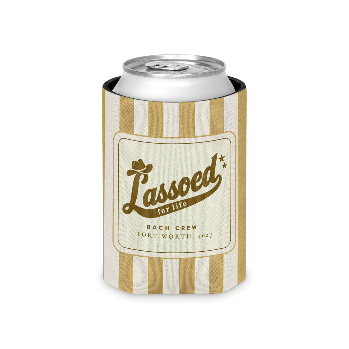 Lassoed For Life striped can cooler, Mustard