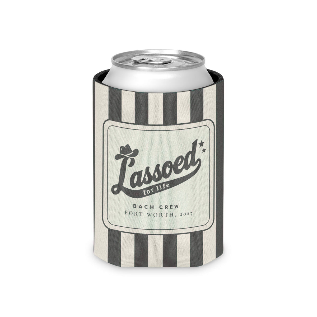 Lassoed For Life striped can cooler, Pepper