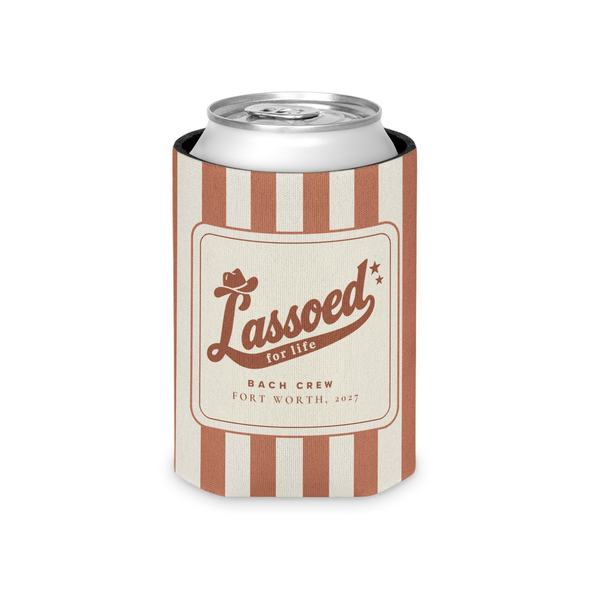 Lassoed For Life striped can cooler, Terracotta