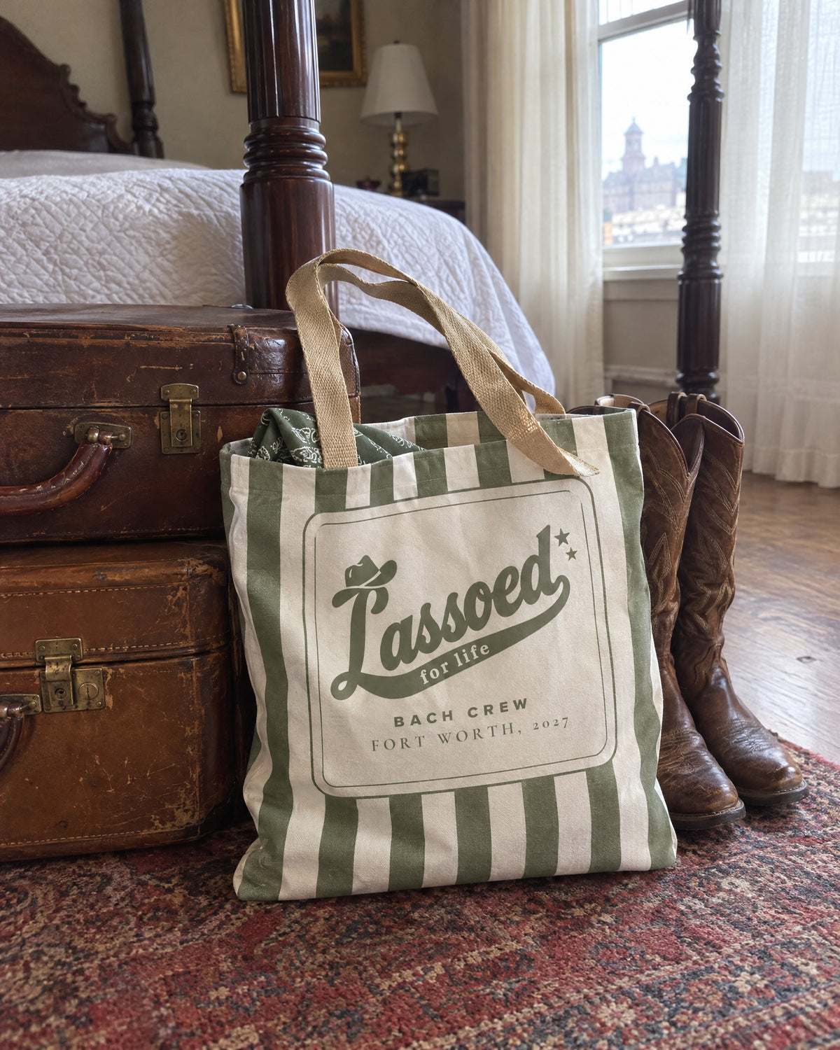 Lassoed For Life striped tote bag on a bachelorette trip with the crew