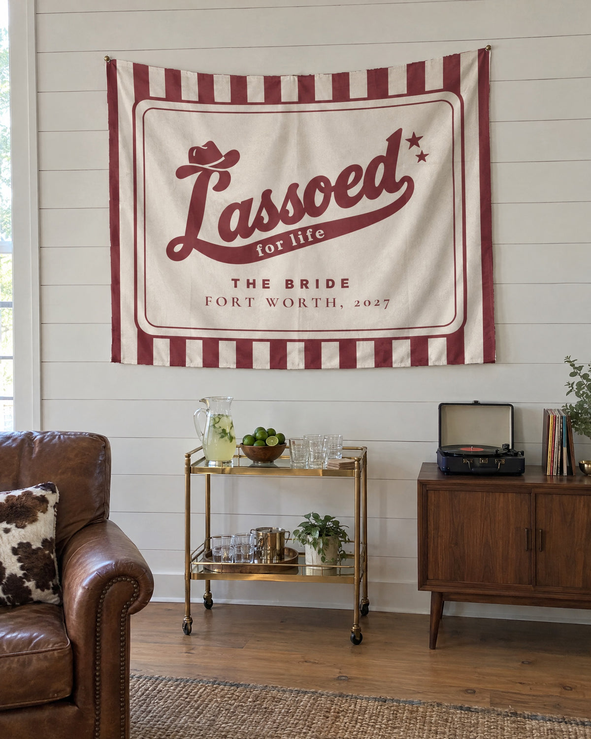 Lassoed For Life wall tapestry on a bachelorette trip with the crew