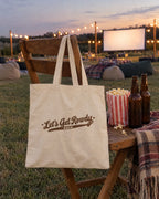 Let's Get Rowdy canvas tote bag on a bachelorette trip with the crew