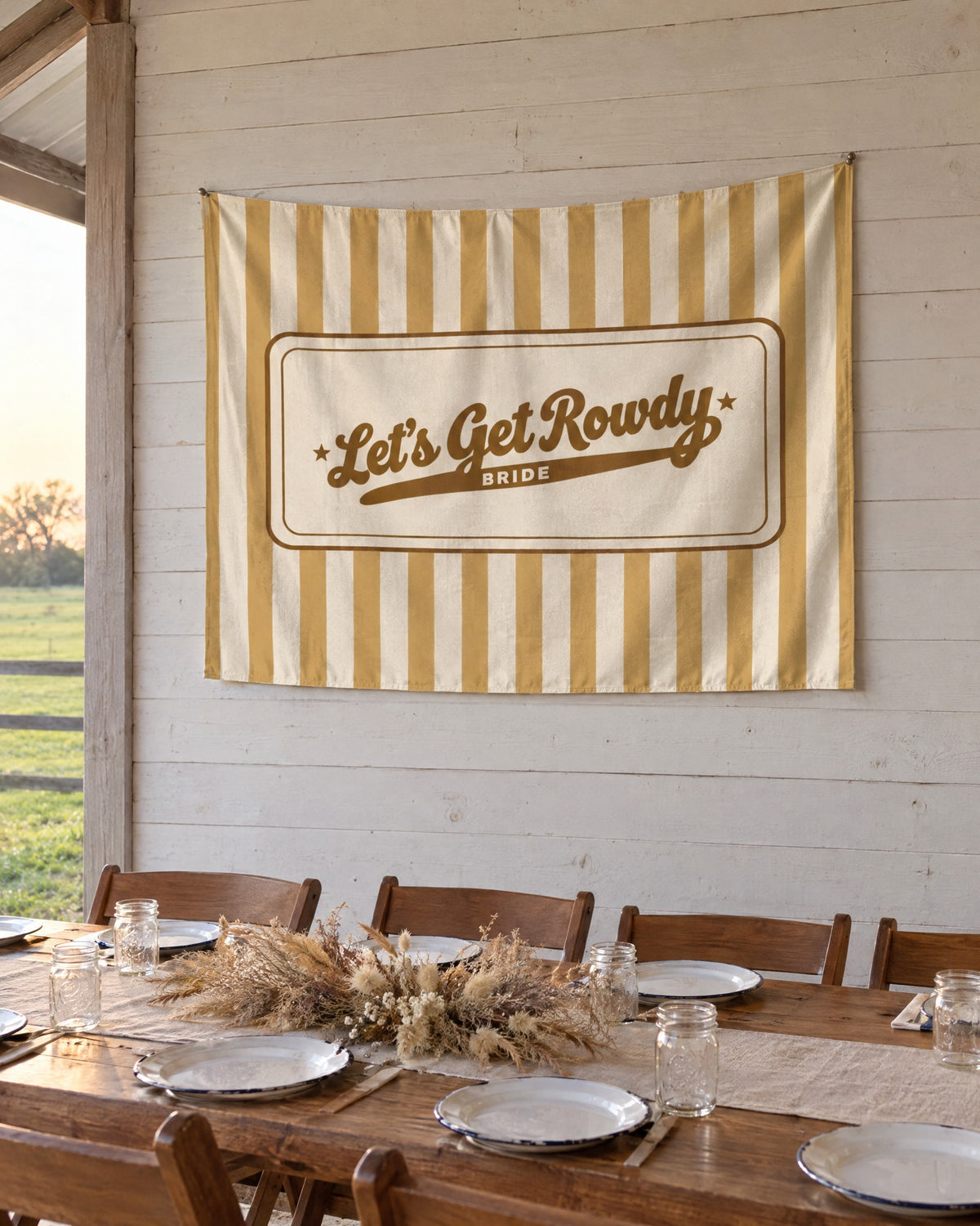 Let's Get Rowdy wall tapestry on a bachelorette trip with the crew
