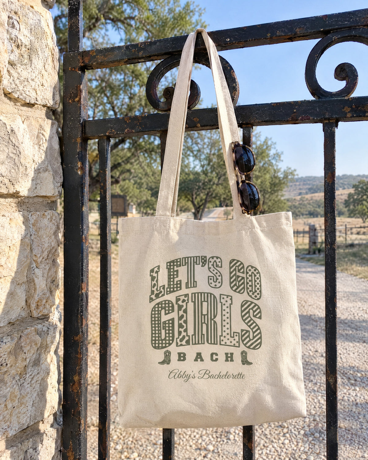 Let's Go Girls canvas tote bag on a bachelorette trip with the crew