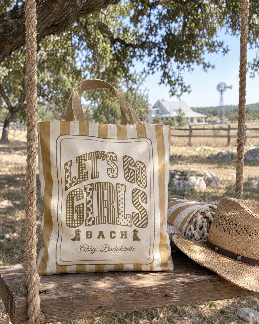 Let's Go Girls striped tote bag on a bachelorette trip with the crew