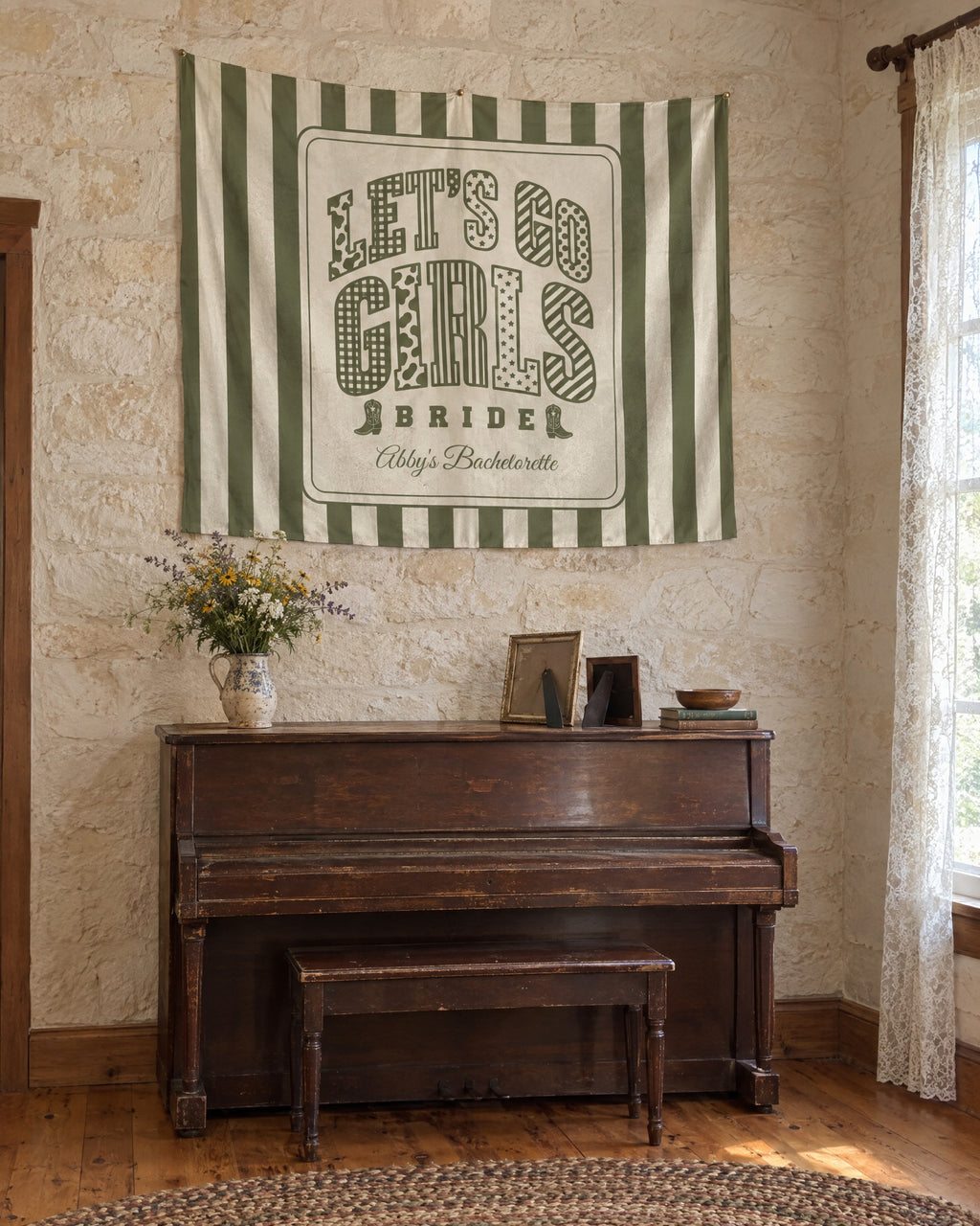 Let's Go Girls wall tapestry on a bachelorette trip with the crew