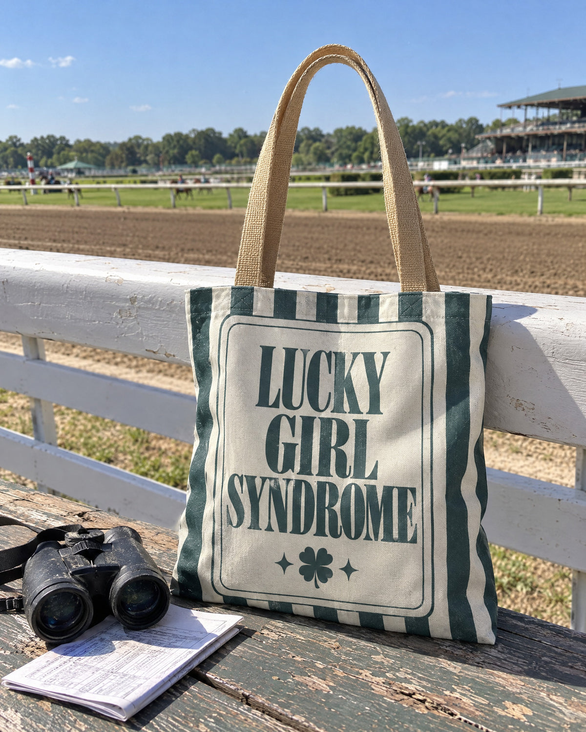 Lucky Bride Syndrome striped tote bag on a bachelorette trip with the crew