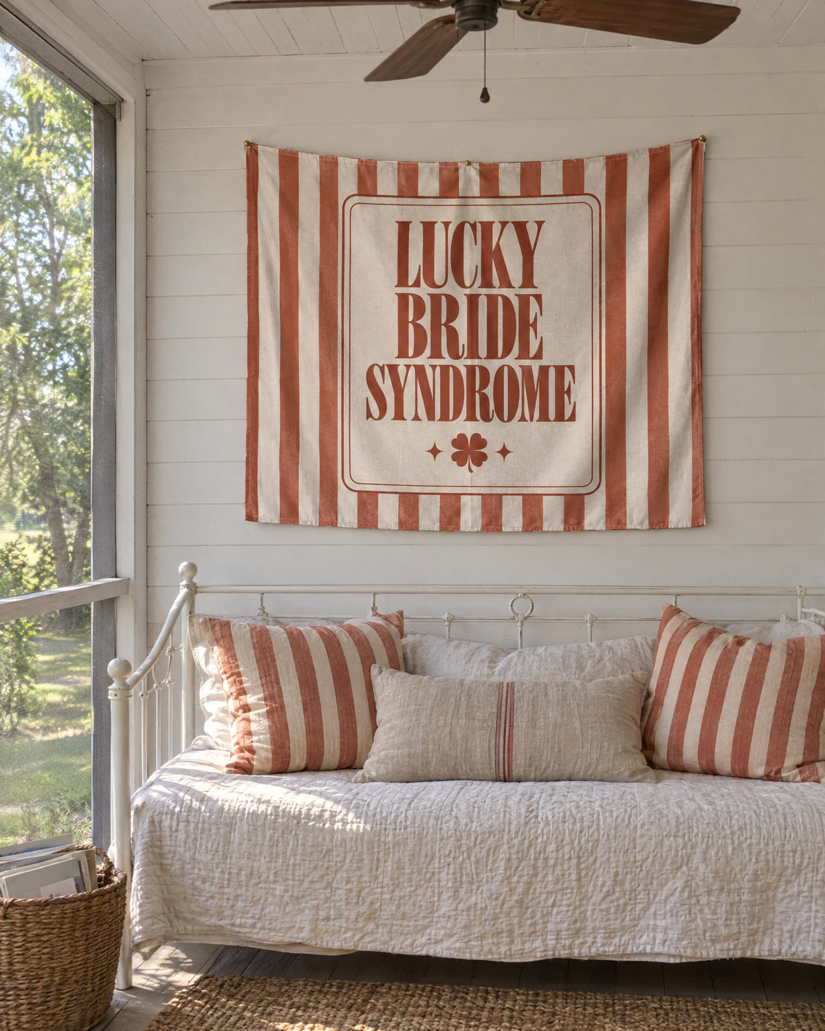 Lucky Bride Syndrome wall tapestry on a bachelorette trip with the crew