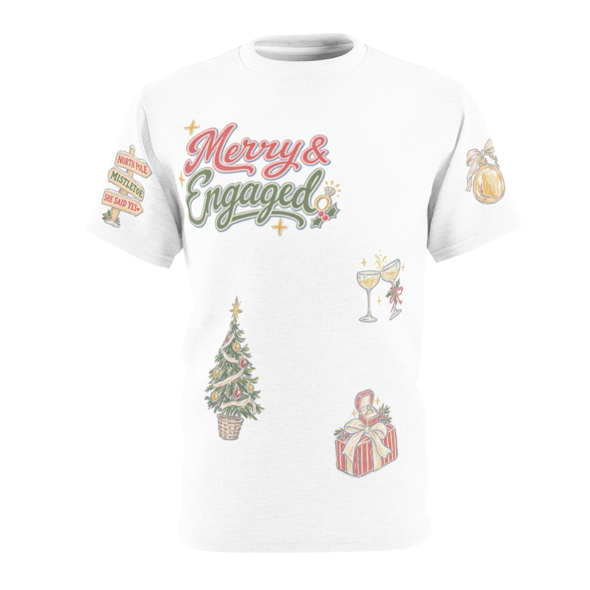 Merry and Engaged Doodles T-shirt, flat front