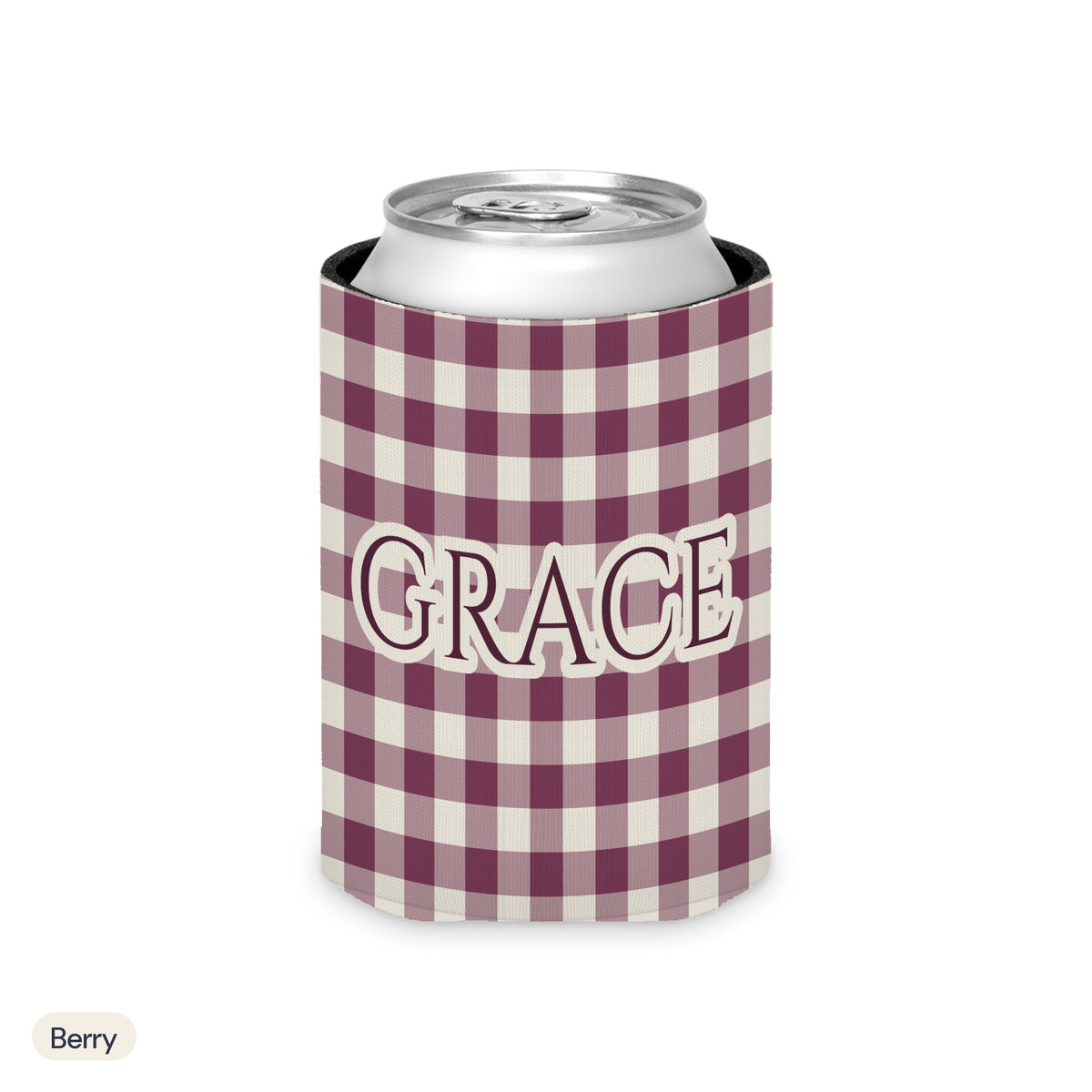 Custom name can cooler, Gingham, Regular, Berry