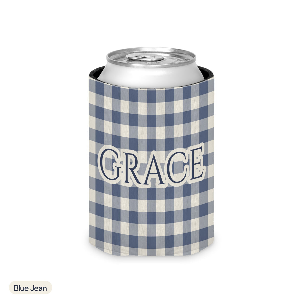 Custom name can cooler, Gingham, Regular, Blue Jean