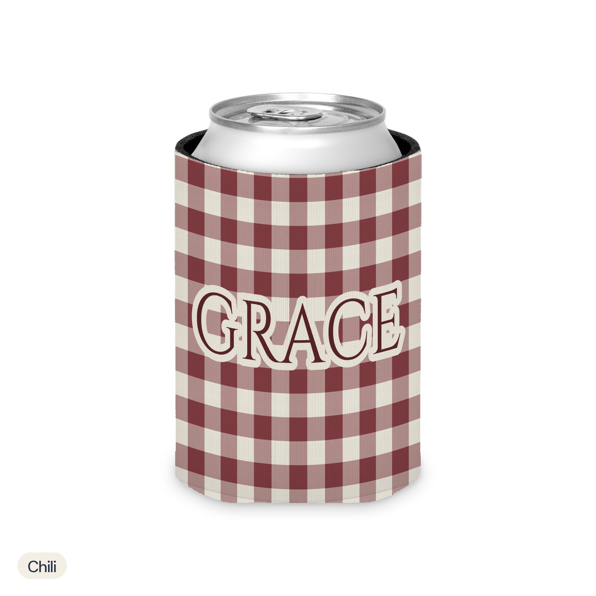 Custom name can cooler, Gingham, Regular, Chili