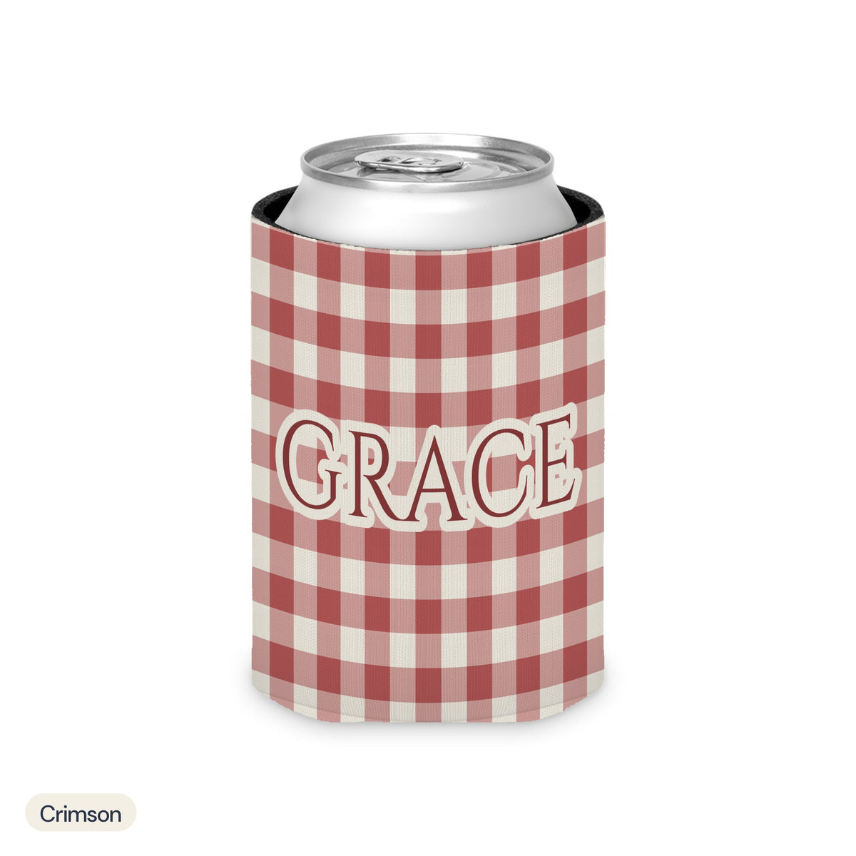 Custom name can cooler, Gingham, Regular, Crimson