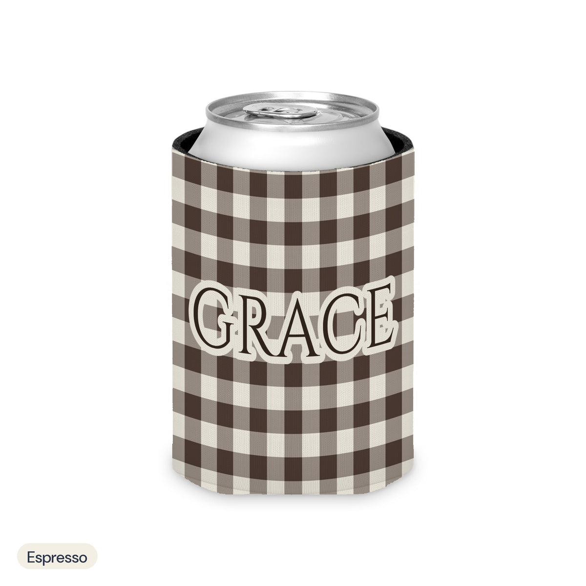 Custom name can cooler, Gingham, Regular, Espresso