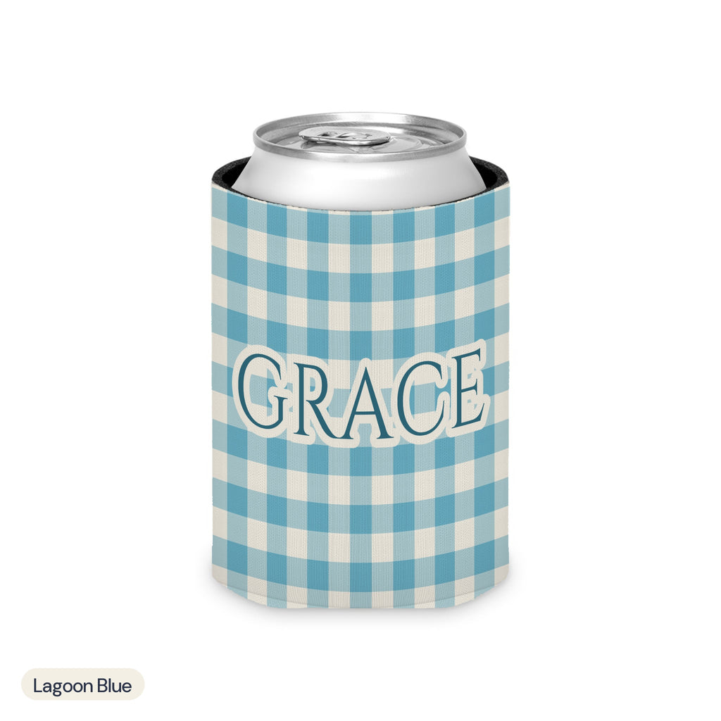 Custom name can cooler, Gingham, Regular, Lagoon Blue