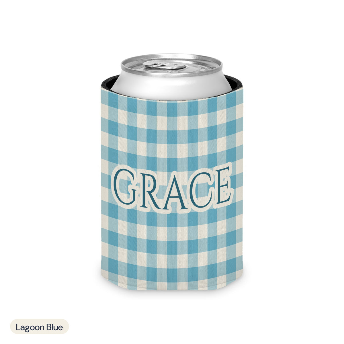 Custom name can cooler, Gingham, Regular, Lagoon Blue