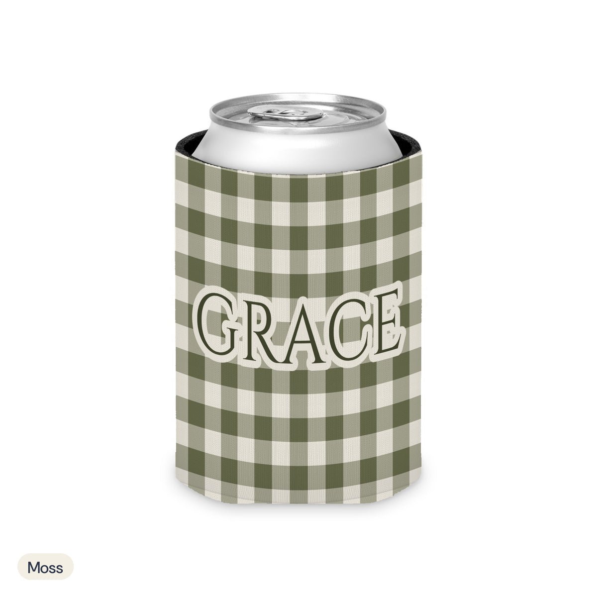 Custom name can cooler, Gingham, Regular, Moss
