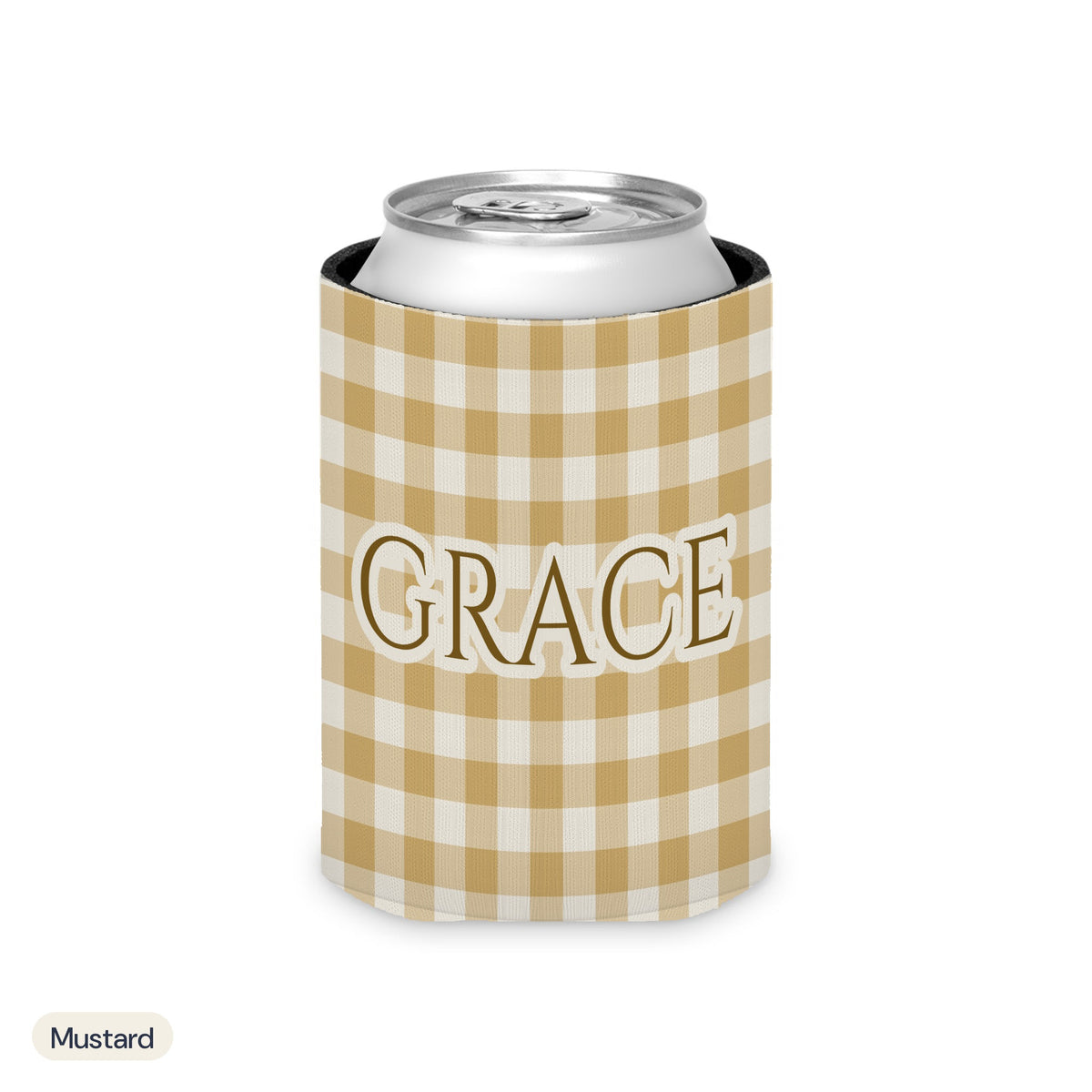 Custom name can cooler, Gingham, Regular, Mustard