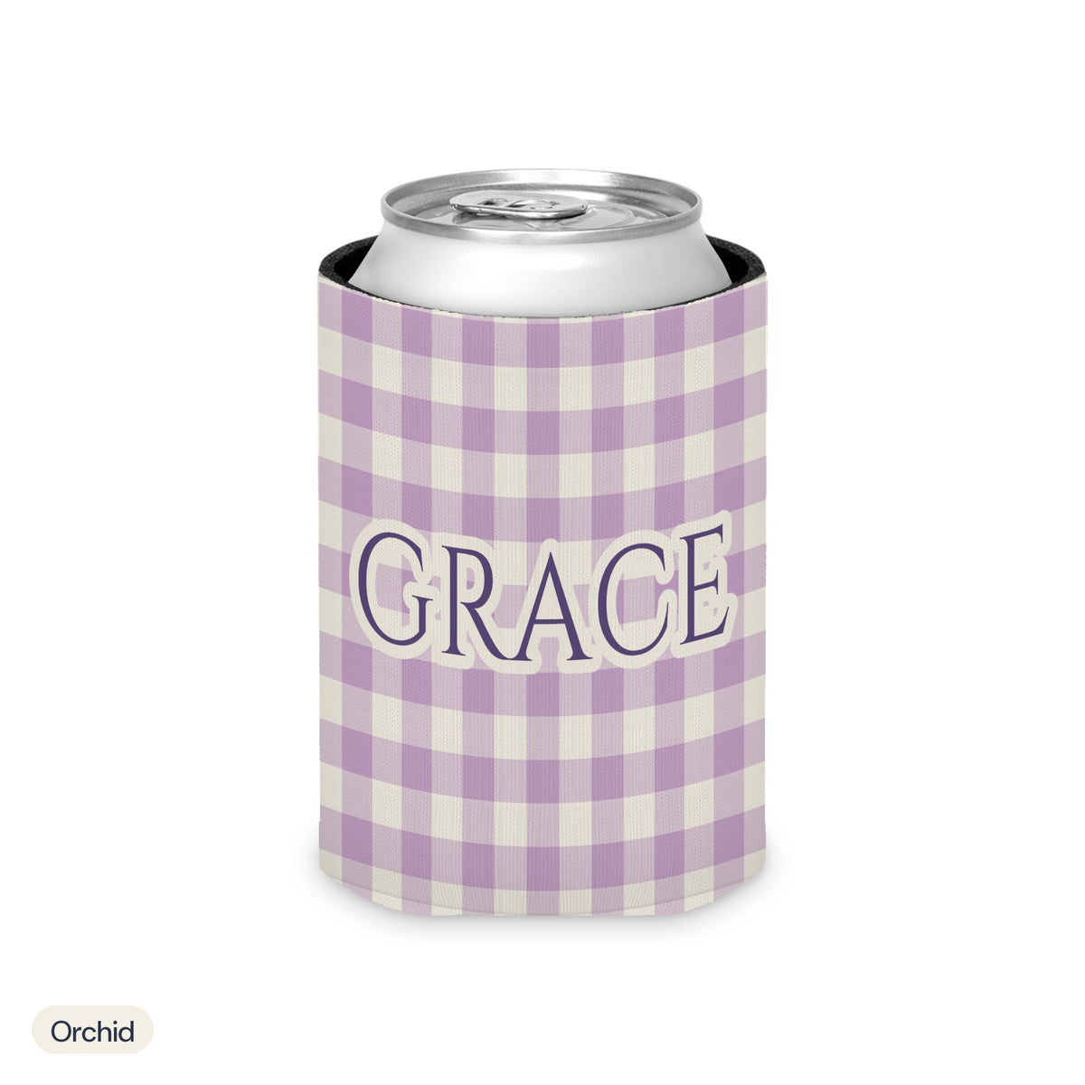 Custom name can cooler, Gingham, Regular, Orchid