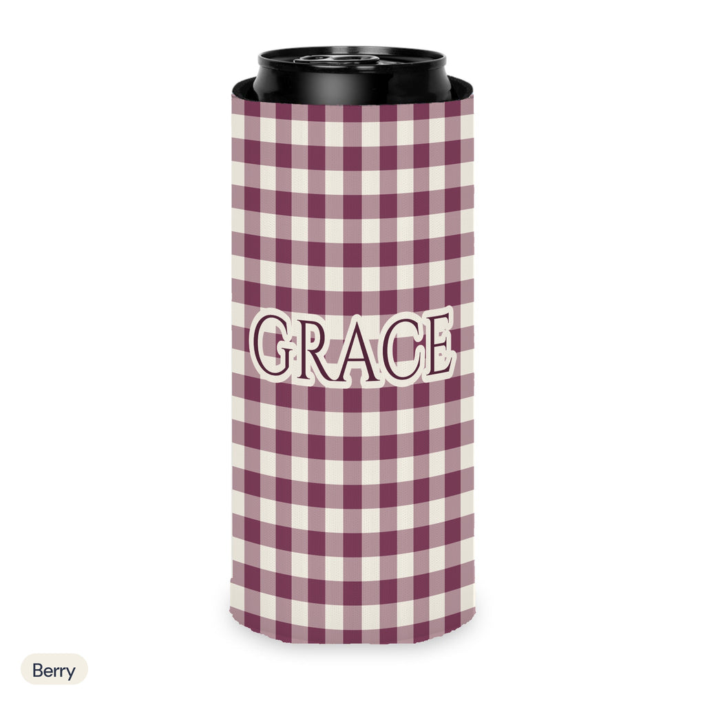 Custom name can cooler, Gingham, Slim, Berry