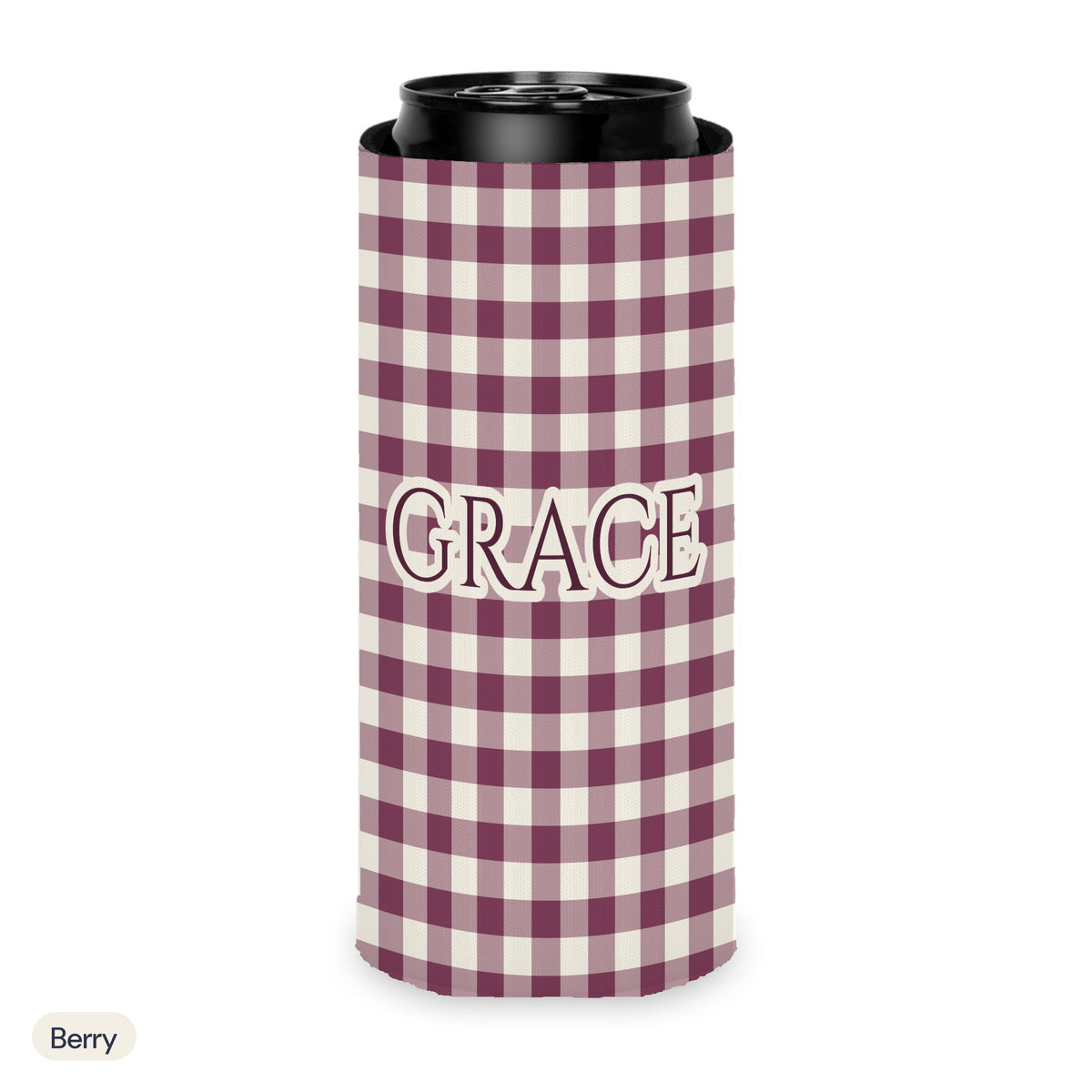 Custom name can cooler, Gingham, Slim, Berry