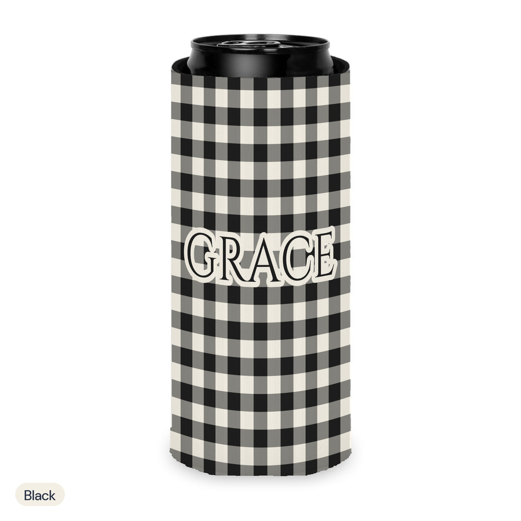Custom name can cooler, Gingham, Slim, Black