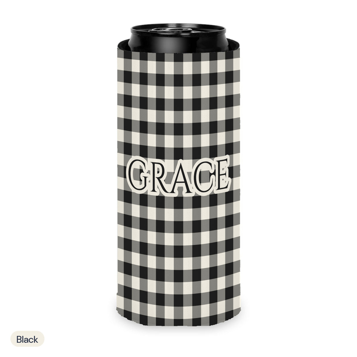 Custom name can cooler, Gingham, Slim, Black