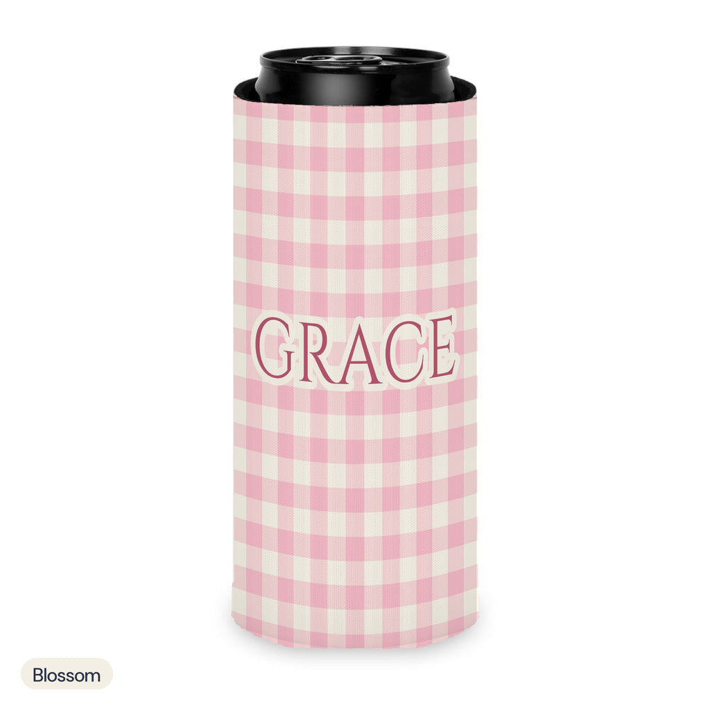 Custom name can cooler, Gingham, Slim, Blossom
