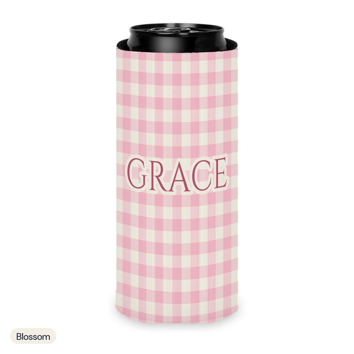 Custom name can cooler, Gingham, Slim, Blossom