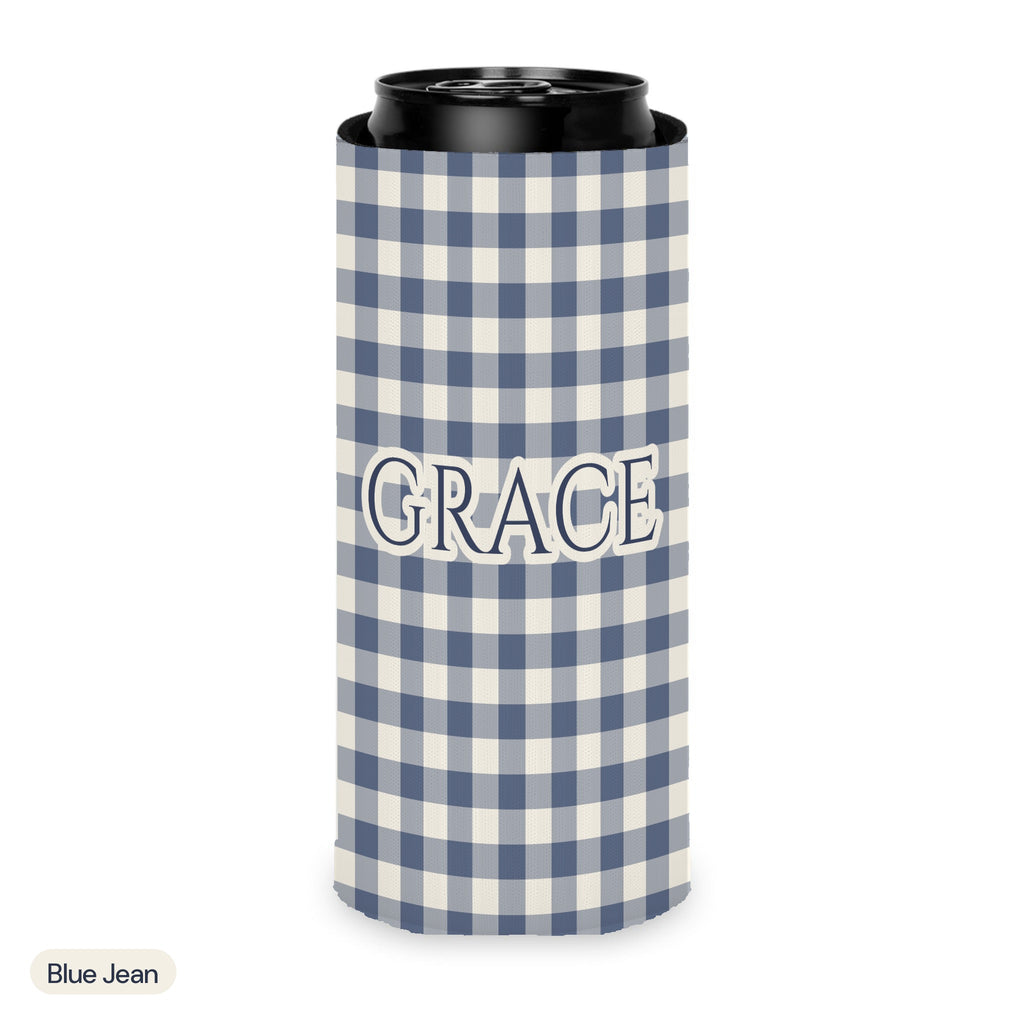 Custom name can cooler, Gingham, Slim, Blue Jean