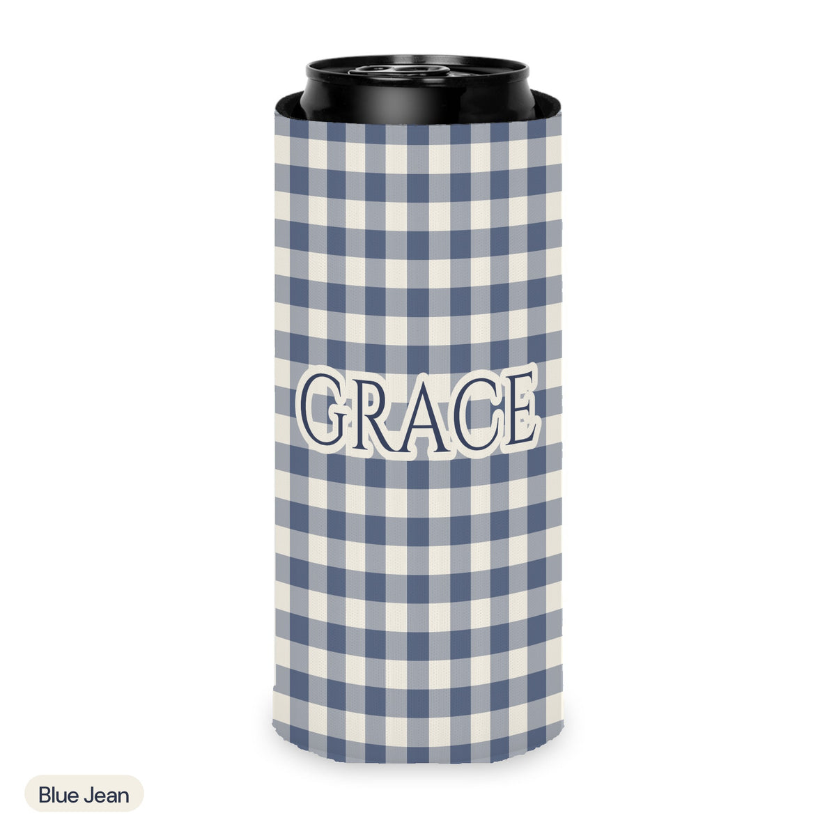 Custom name can cooler, Gingham, Slim, Blue Jean