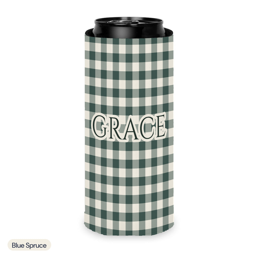Custom name can cooler, Gingham, Slim, Blue Spruce