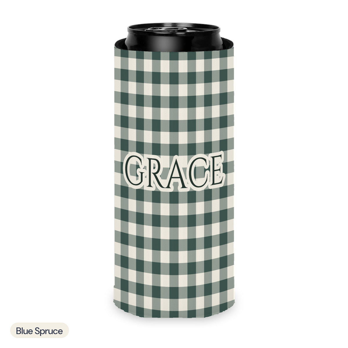 Custom name can cooler, Gingham, Slim, Blue Spruce