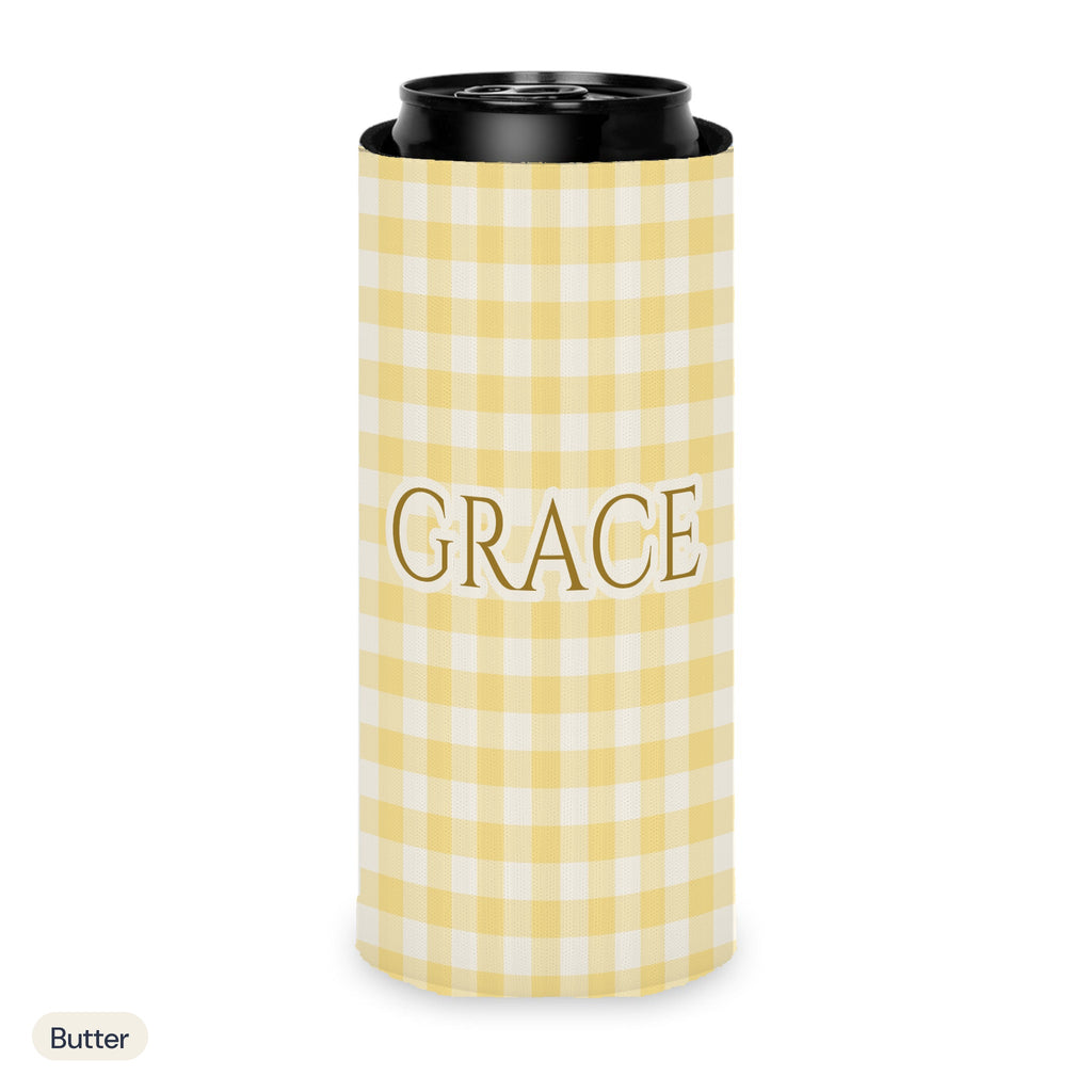Custom name can cooler, Gingham, Slim, Butter
