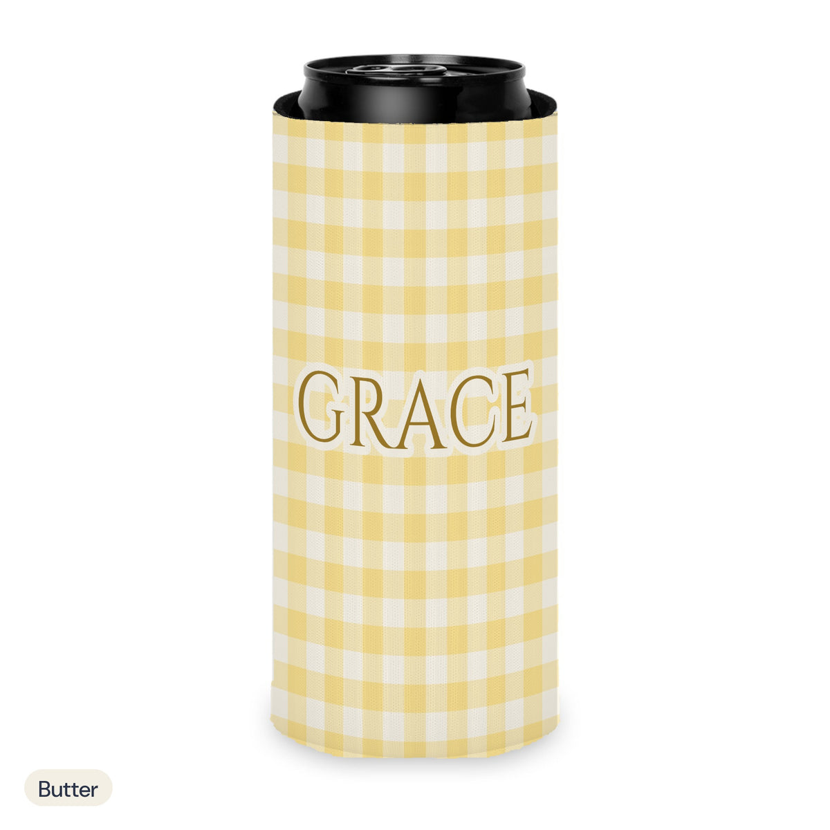 Custom name can cooler, Gingham, Slim, Butter