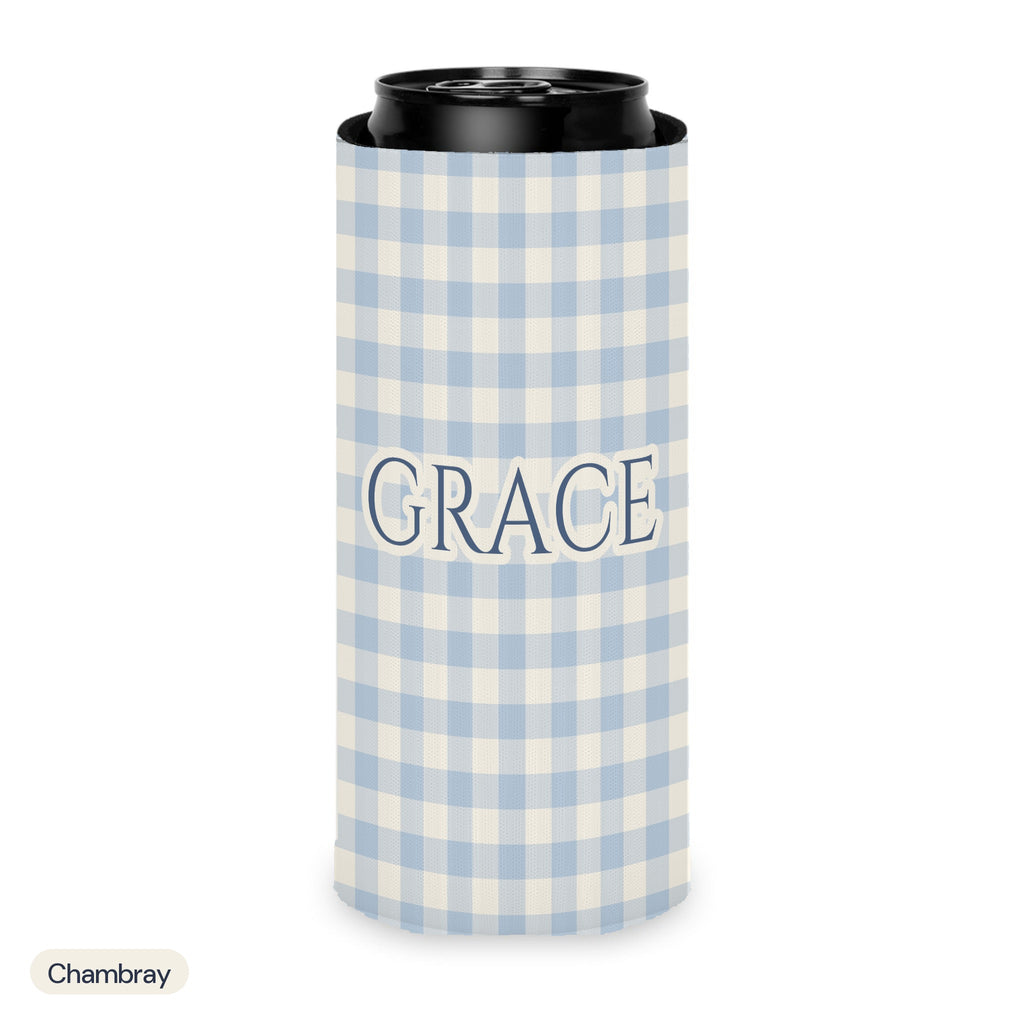 Custom name can cooler, Gingham, Slim, Chambray