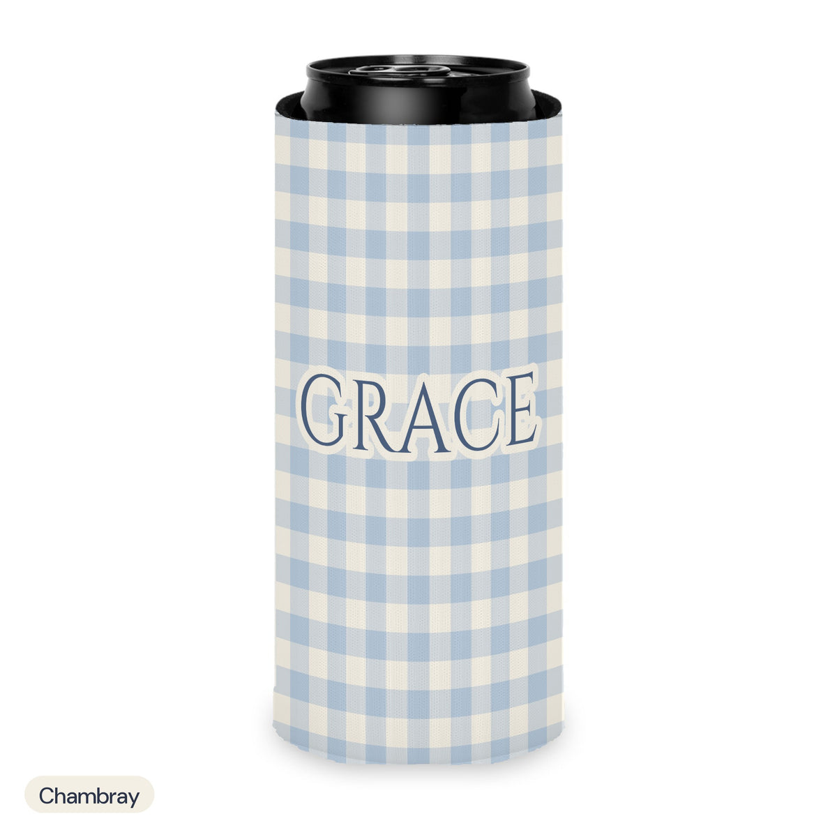Custom name can cooler, Gingham, Slim, Chambray