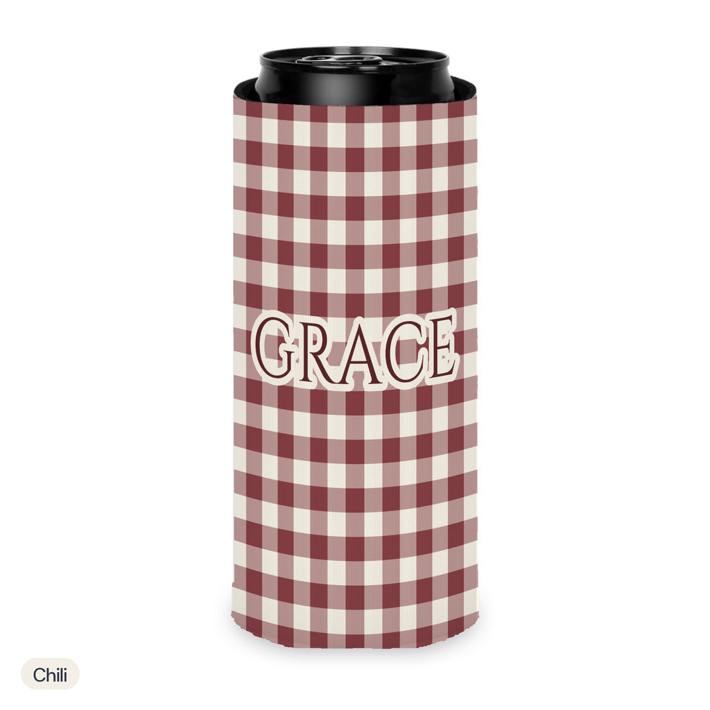 Custom name can cooler, Gingham, Slim, Chili