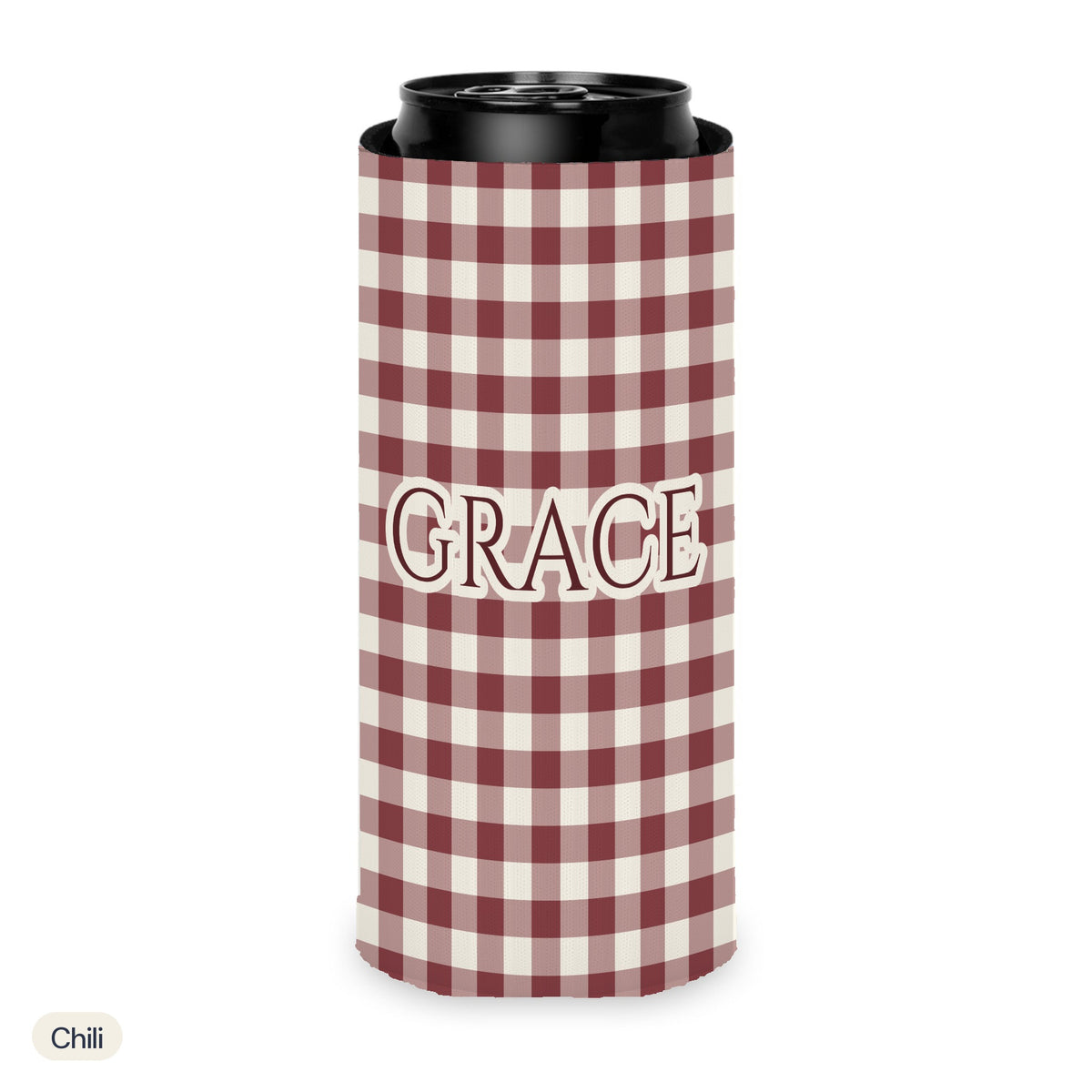 Custom name can cooler, Gingham, Slim, Chili