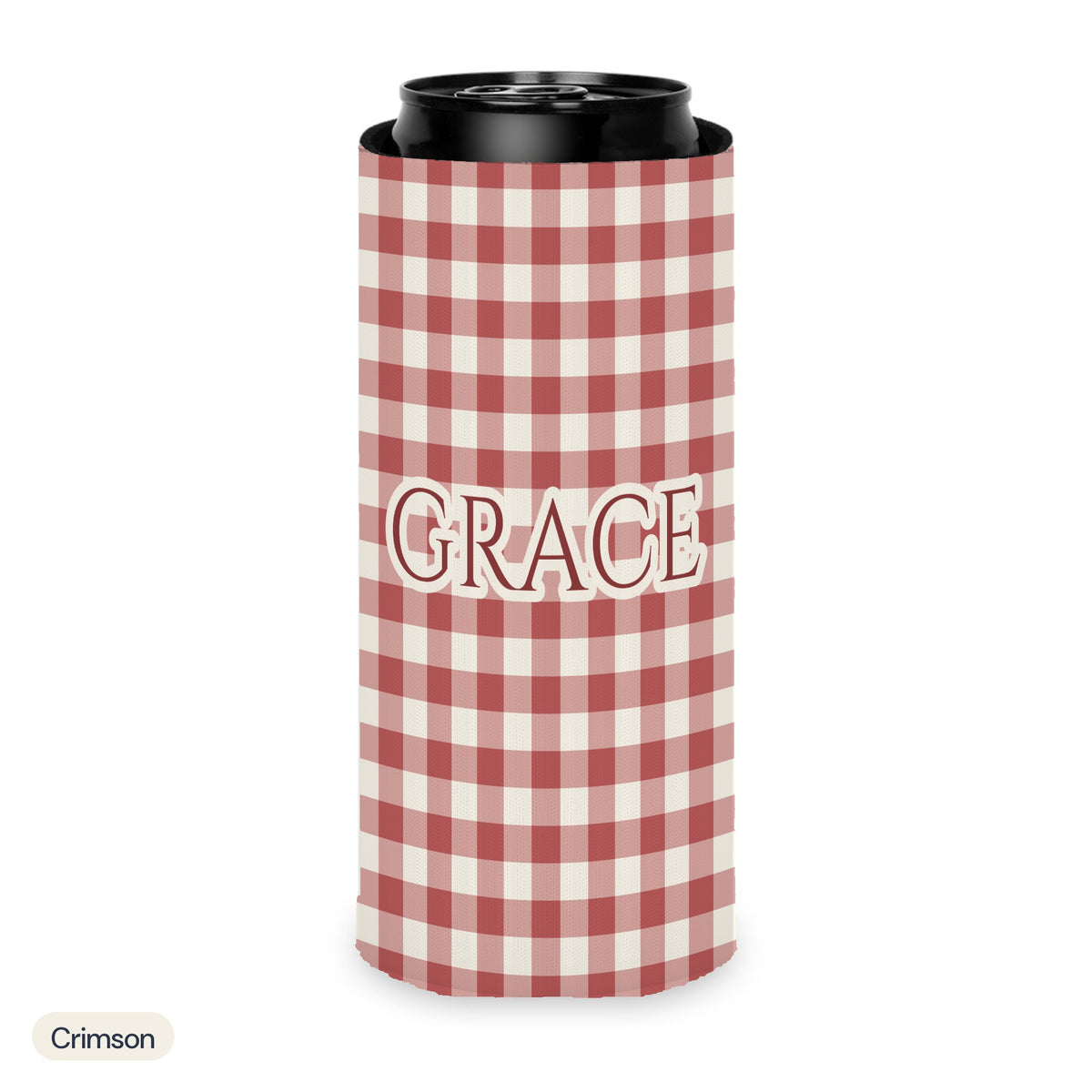 Custom name can cooler, Gingham, Slim, Crimson