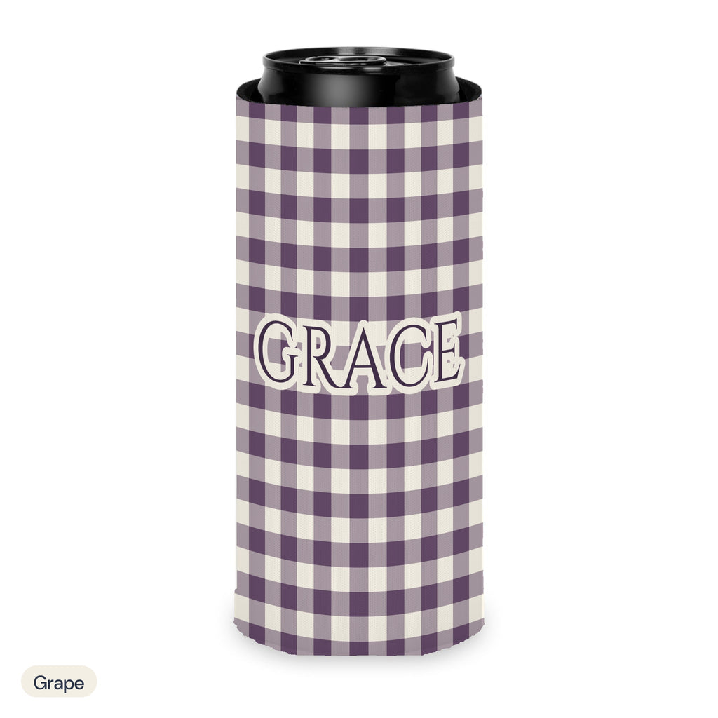 Custom name can cooler, Gingham, Slim, Grape