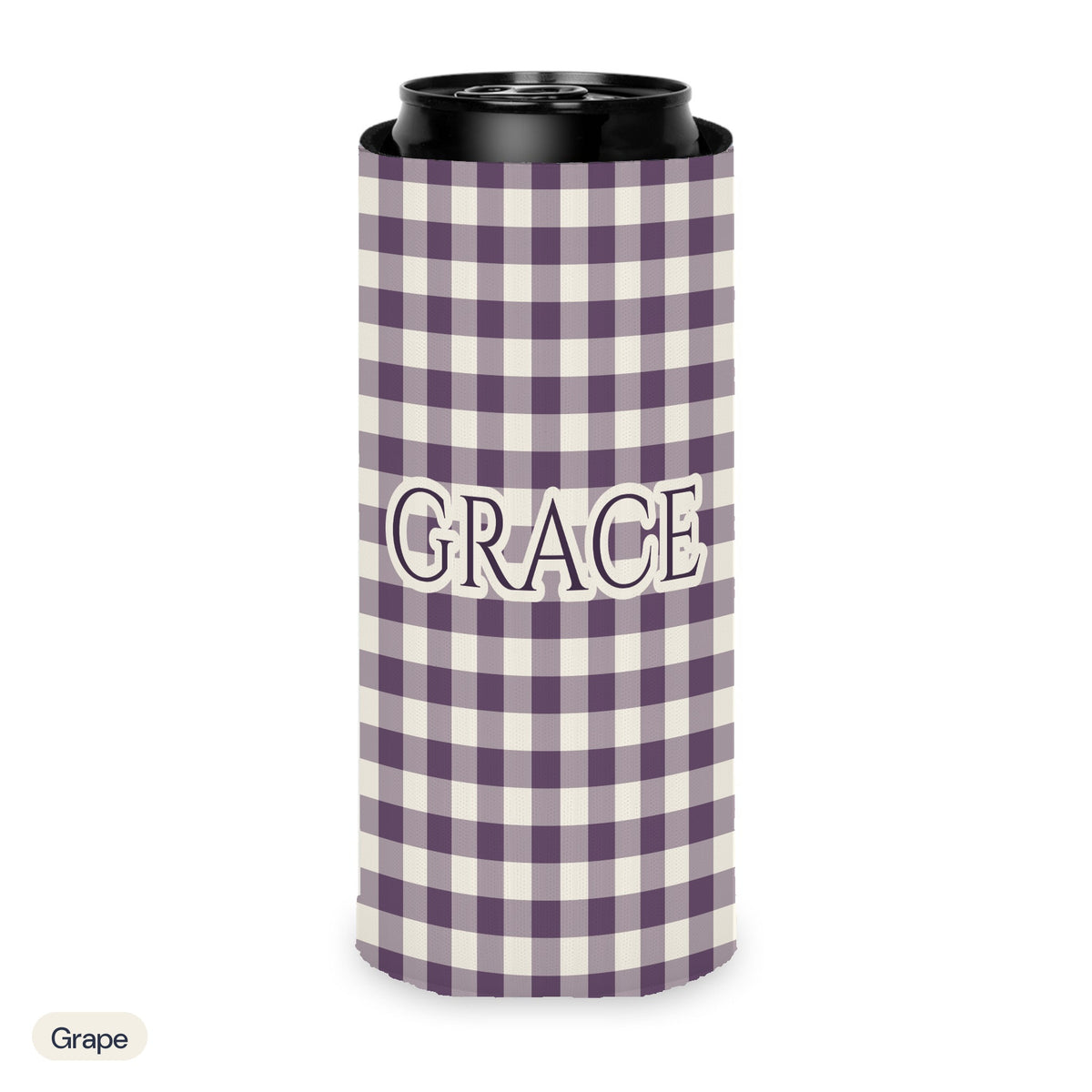 Custom name can cooler, Gingham, Slim, Grape