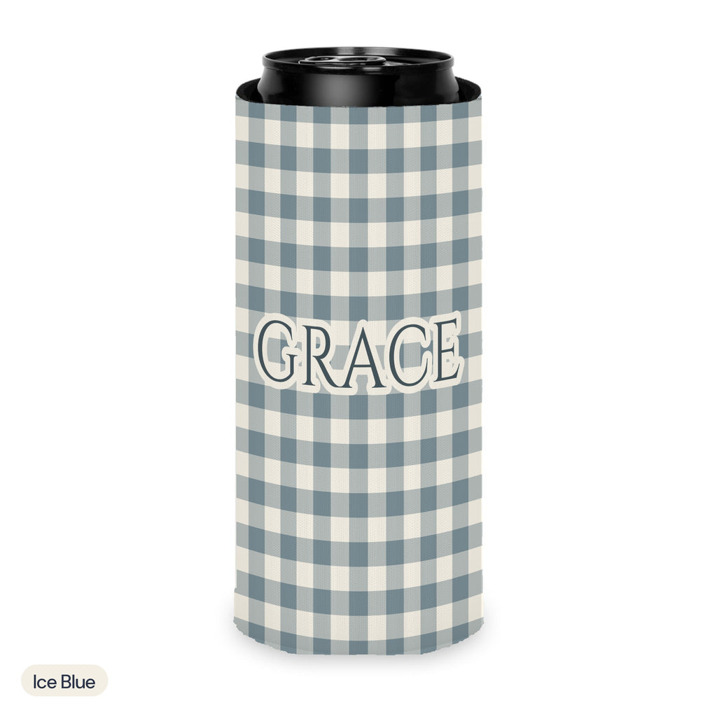Custom name can cooler, Gingham, Slim, Ice Blue