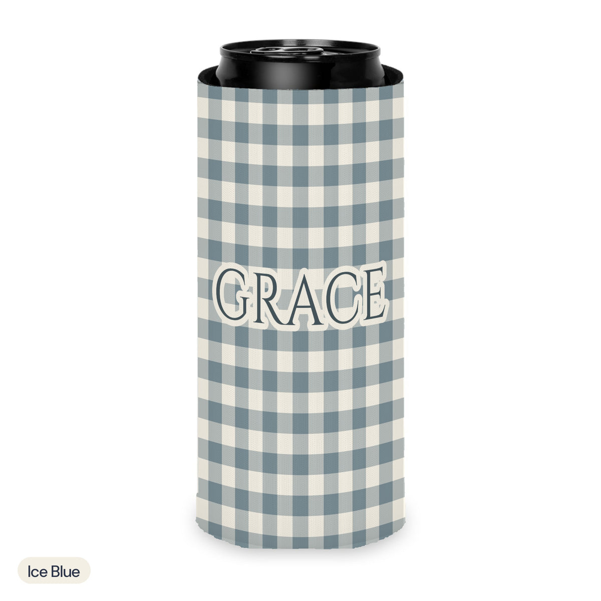 Custom name can cooler, Gingham, Slim, Ice Blue