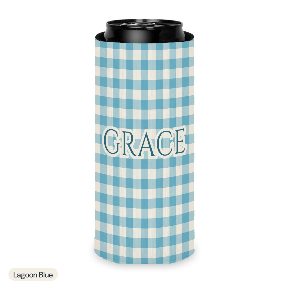 Custom name can cooler, Gingham, Slim, Lagoon Blue