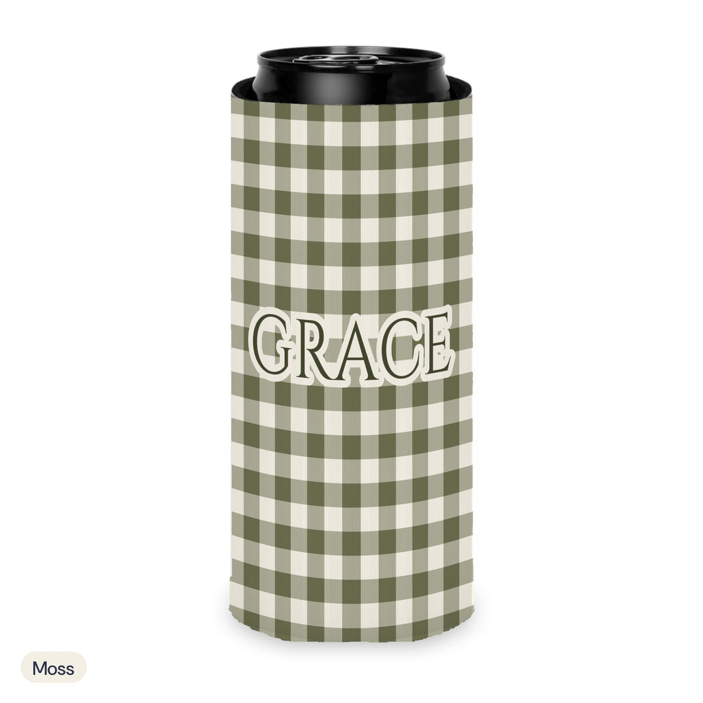 Custom name can cooler, Gingham, Slim, Moss