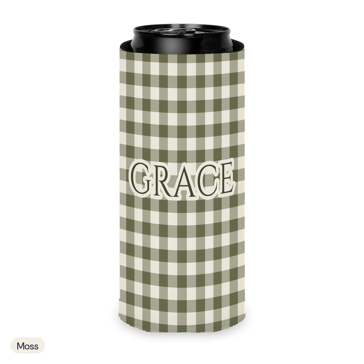 Custom name can cooler, Gingham, Slim, Moss