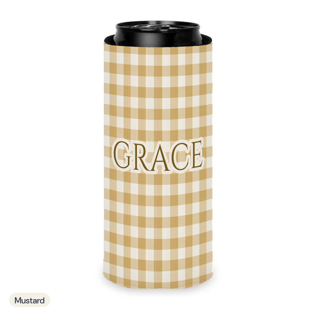 Custom name can cooler, Gingham, Slim, Mustard