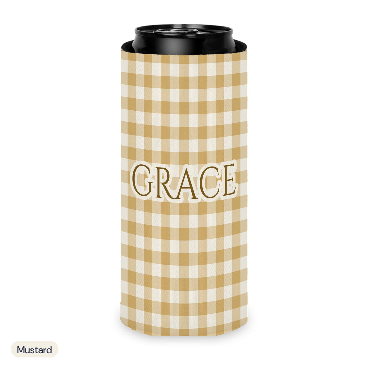 Custom name can cooler, Gingham, Slim, Mustard