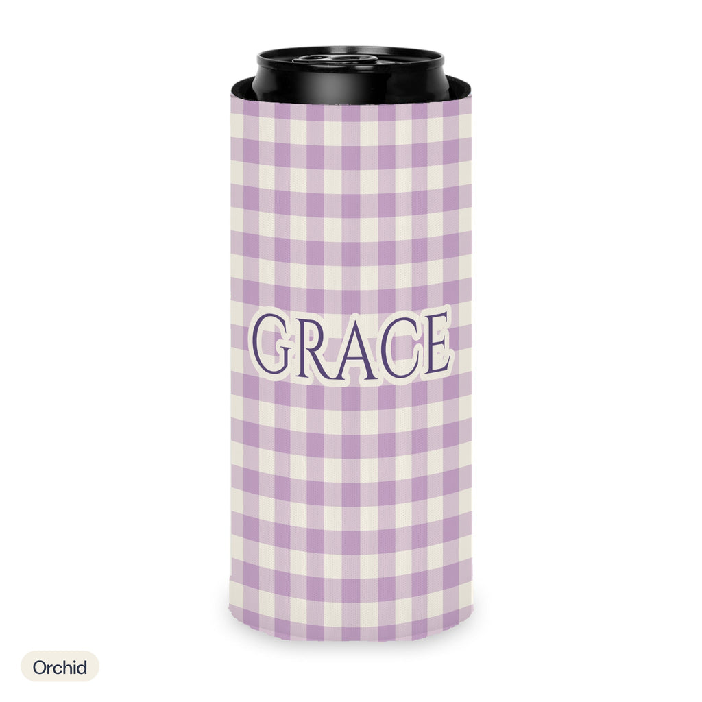Custom name can cooler, Gingham, Slim, Orchid